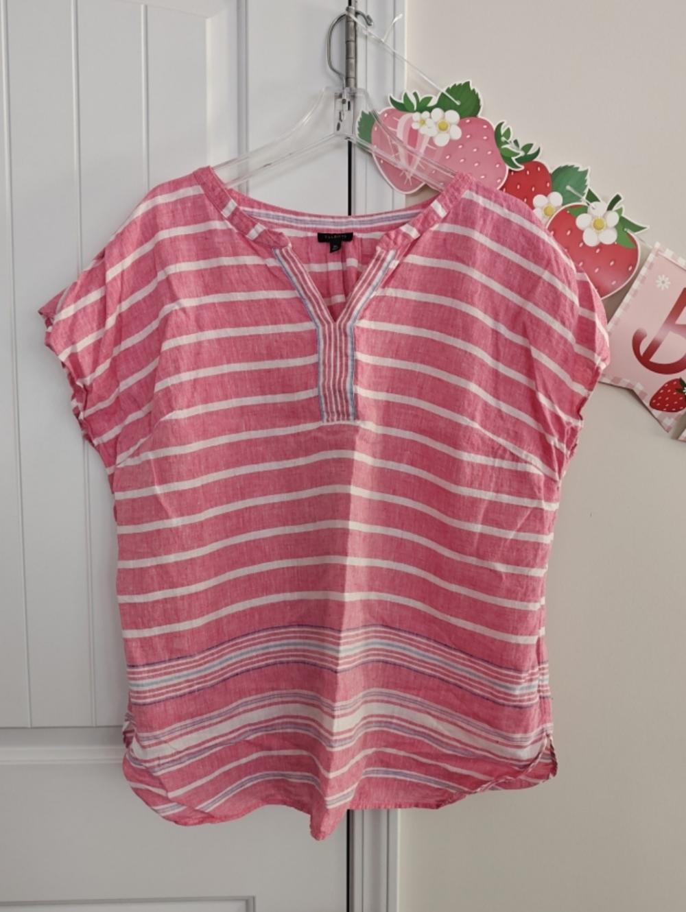 Talbots Top Pink Stripe V neck Linen Shirt Size XL
